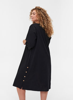 Bomulds kjole med 3/4 ærmer og knapper, Black, Model image number 1