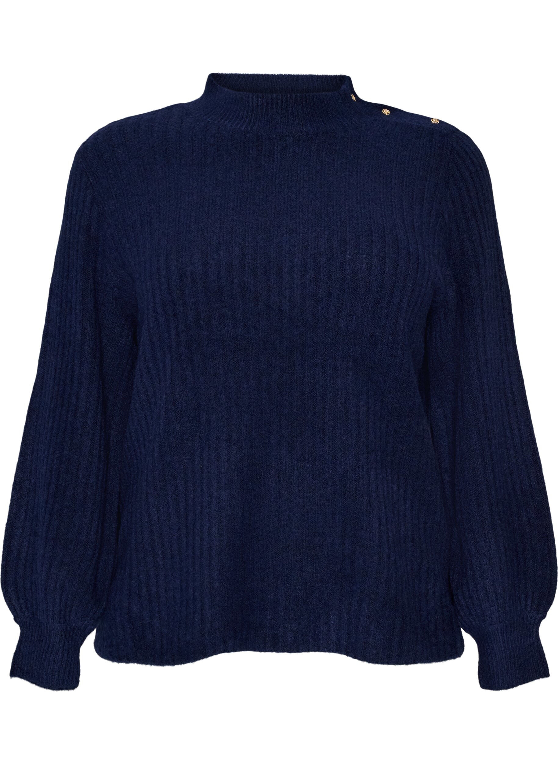 ZizziRibstrikket sweater med ballon&aelig;rmer og knapper, Bl&aring;, Packshot image number 0