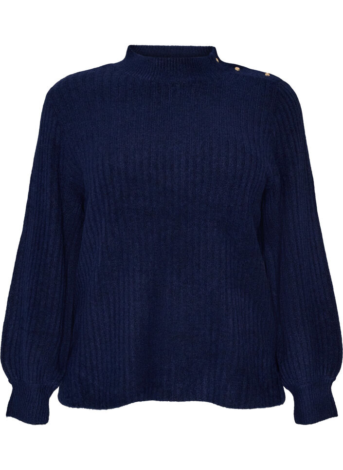 Ribstrikket sweater med ballon&aelig;rmer og knapper, Bl&aring;, Packshot image number 0