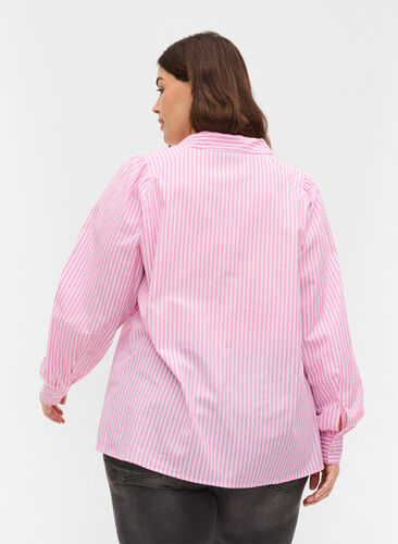 Stribet skjorte i bomuld, White/ Pink Stripe, Model image number 1