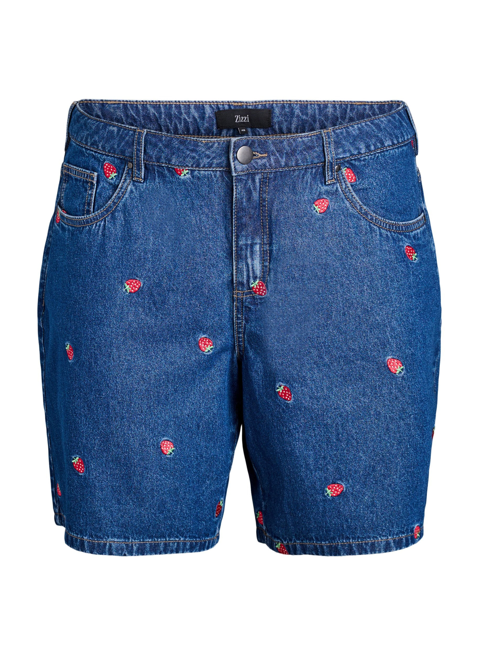 Zizzi Denim shorts med broderede jordb&aelig;r, Bl&aring;, Packshot image number 0