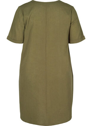 Kortærmet kjole i bomuldsmix med hør, Ivy Green, Packshot image number 1