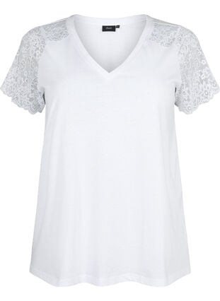Bomulds t-shirt med korte blondeærmer, Bright White, Packshot image number 0