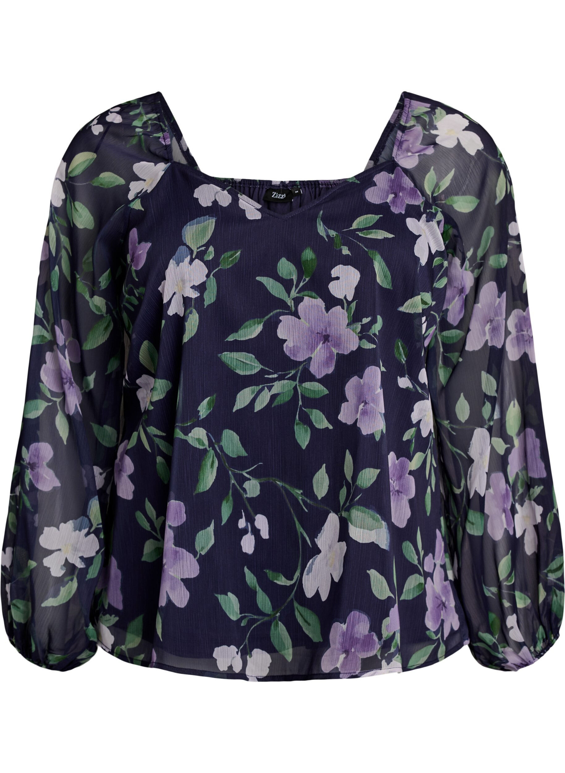 Chiffonbluse med blomster og lange &aelig;rmer 