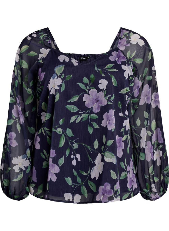 Chiffonbluse med blomster og lange &aelig;rmer , Bl&aring;, Packshot image number 0