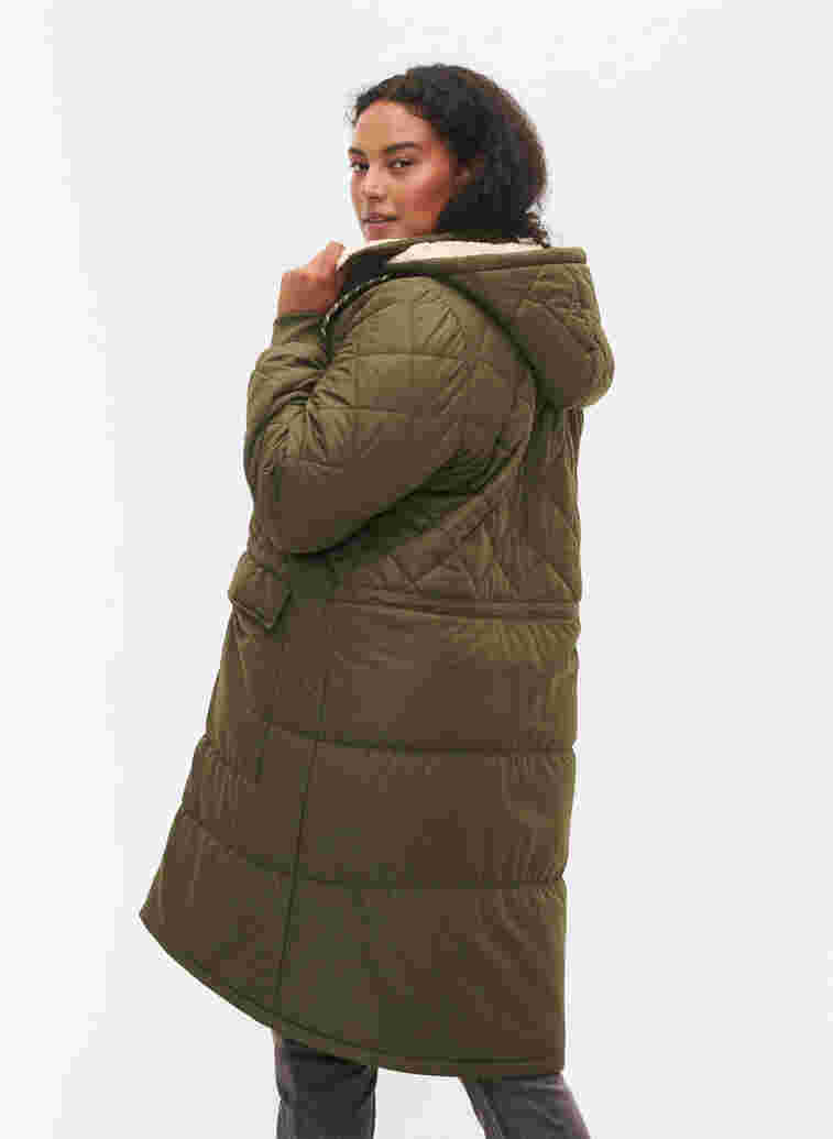 Quiltet jakke med hætte og justerbar talje, Forest Night, Model image number 1