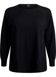 Strikbluse med rund hals og strikket mønster, Sort