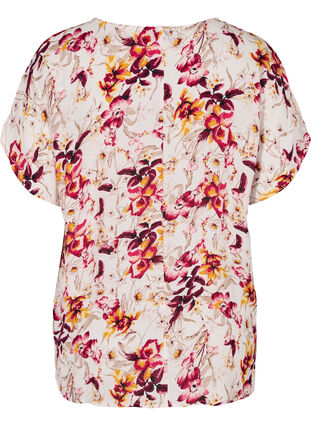 Viskose bluse med print og korte ærmer, Beige w. Flower AOP, Packshot image number 1