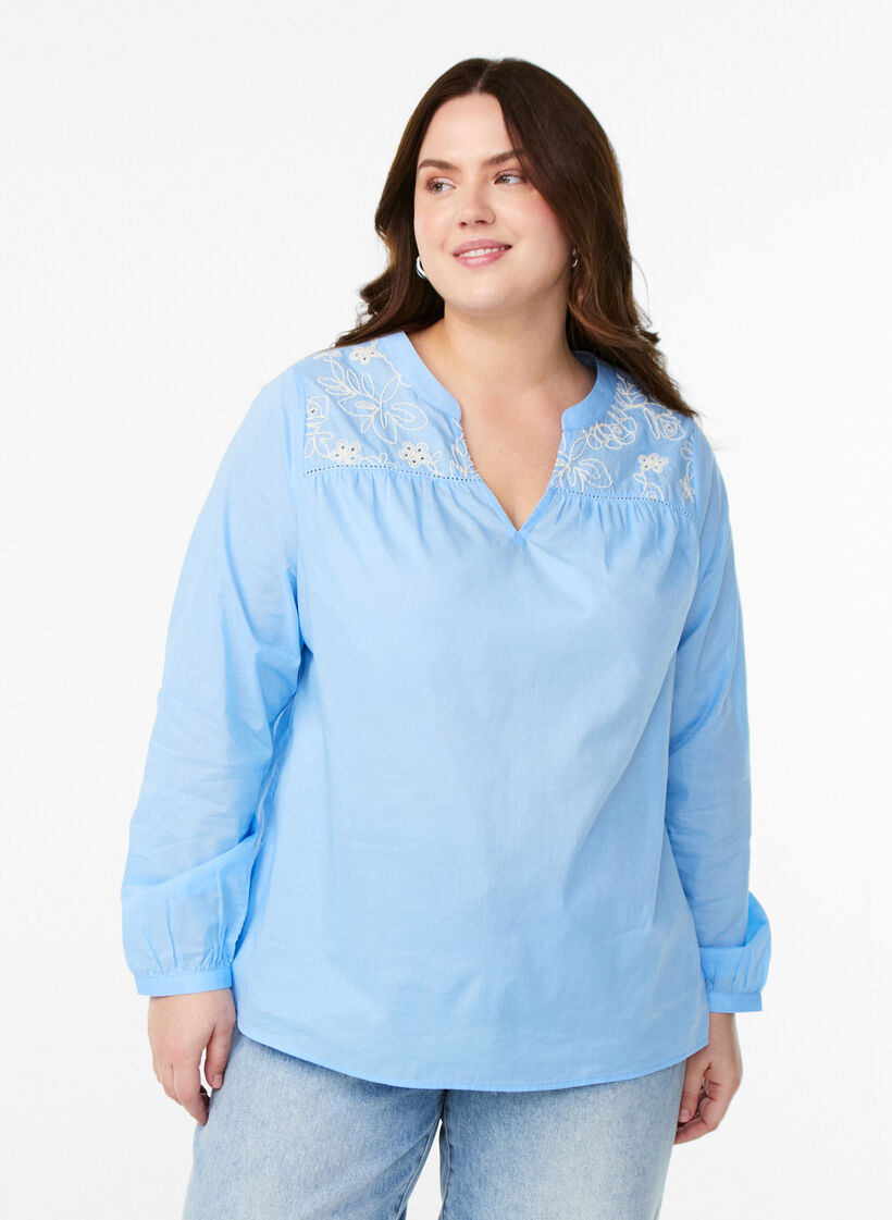 Bluse med broderidetaljer, Blå, Model image number 0