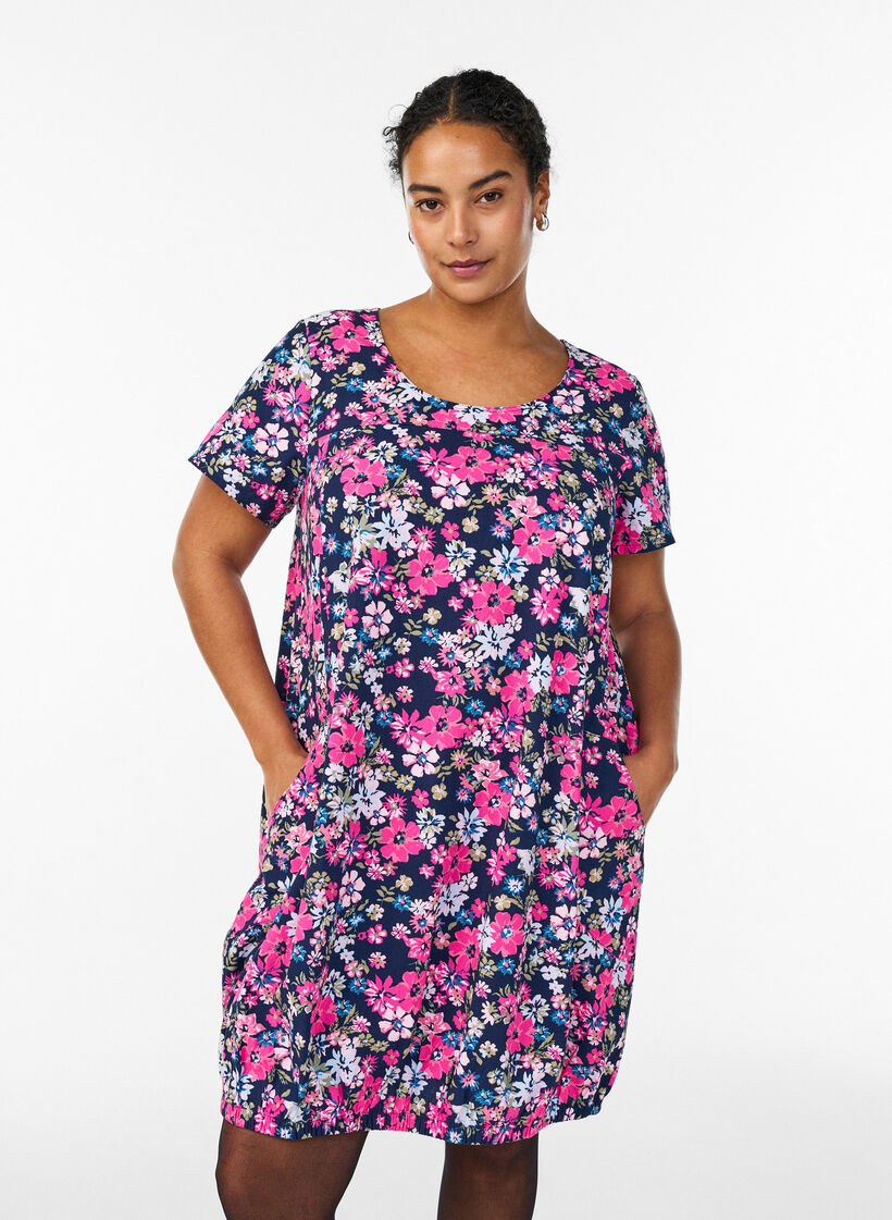 Kort&aelig;rmet bomuldskjole med print, Bl&aring;, Model image number 0