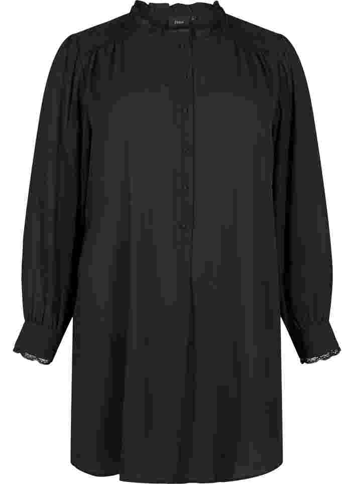 Tunika med flæsekrave og lange ærmer, Black, Packshot image number 0