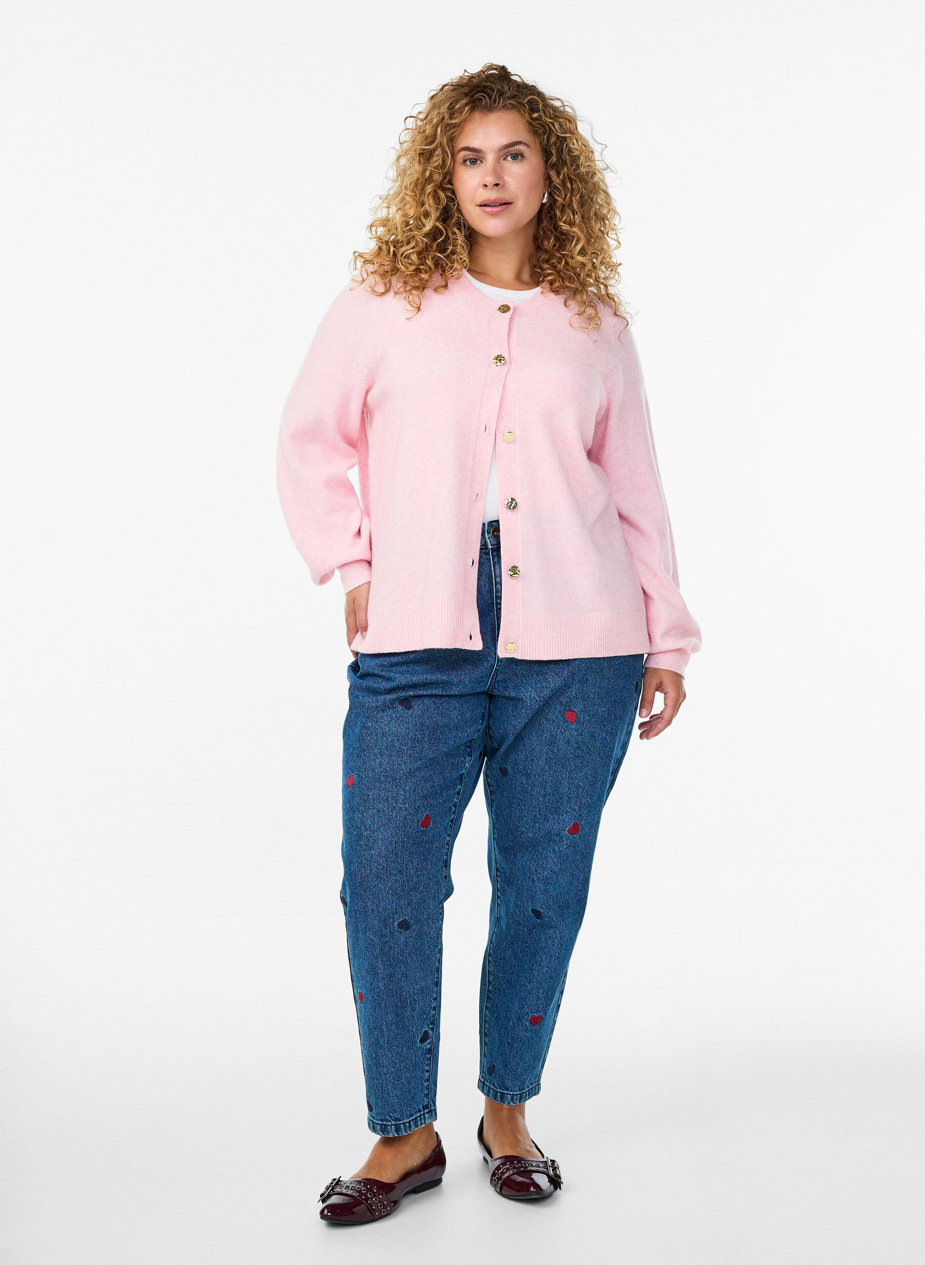 Zizzi Cardigan i bl&oslash;d strik med guldfarvede knapper, Lyser&oslash;d, Model image number 1