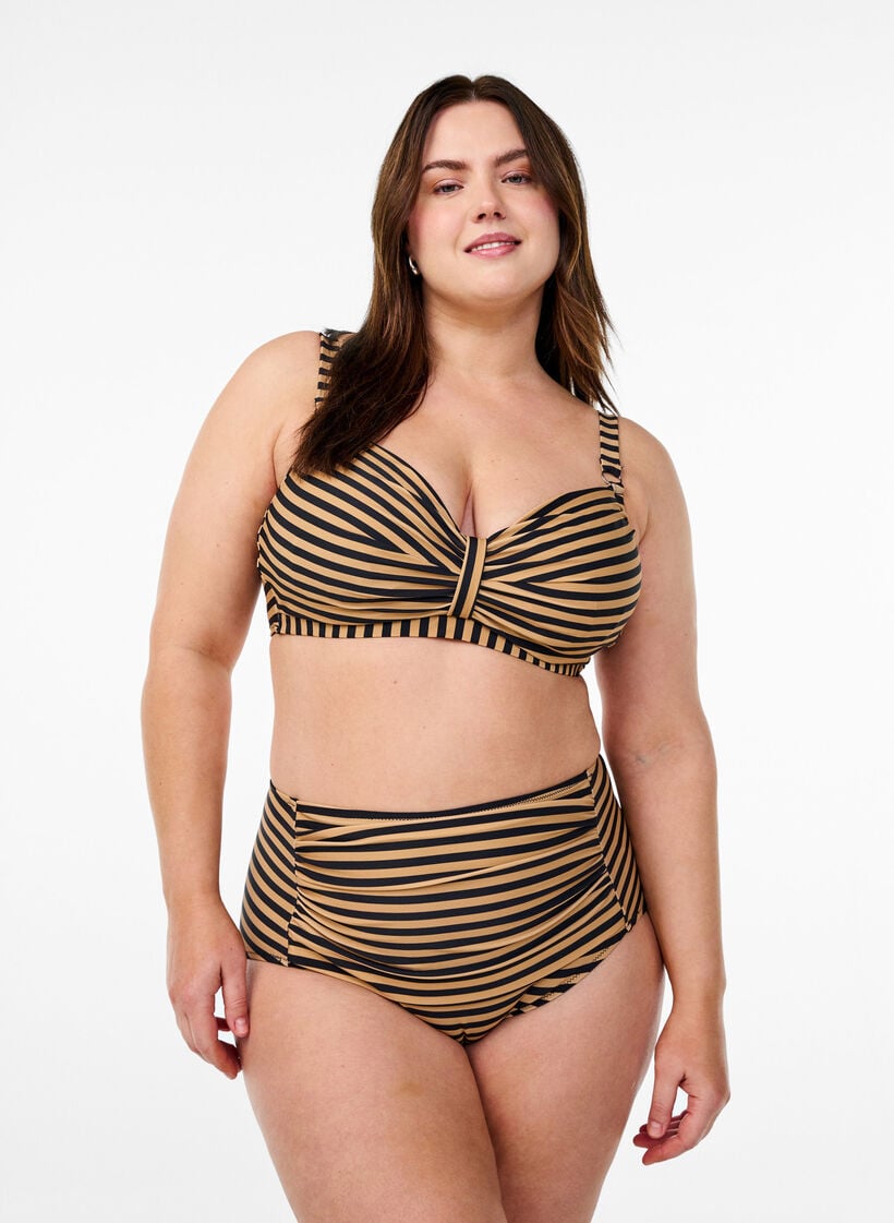H&oslash;jtaljet bikinitrusse med striber, Brun, Model image number 0
