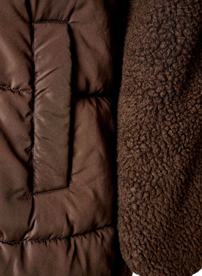 Mellemlang pufferjakke med teddyfleece, Brun, Packshot image number 3