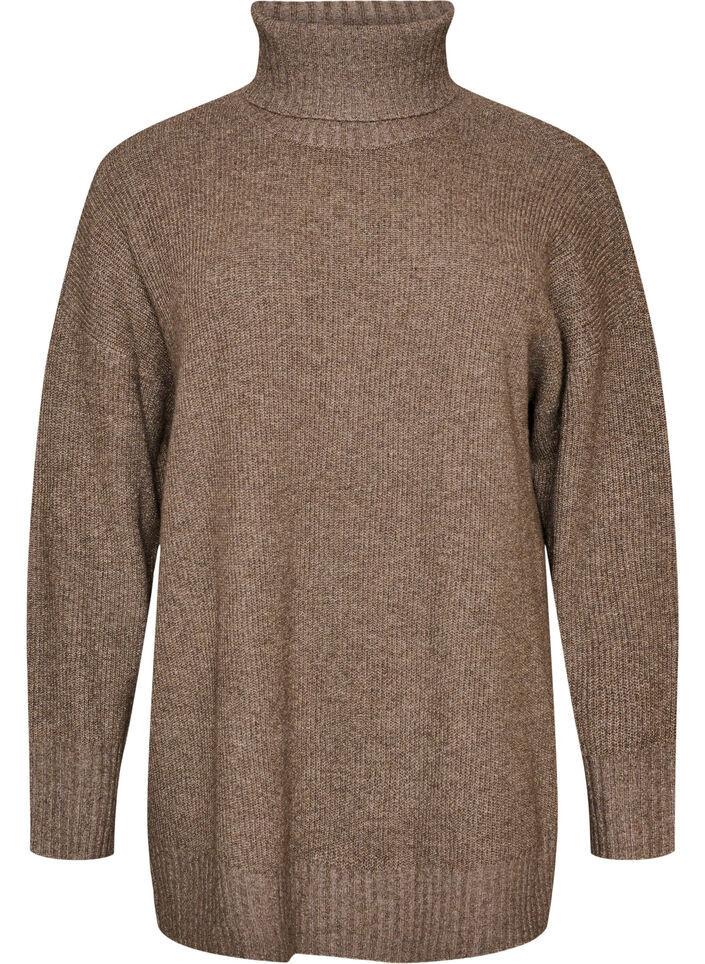 L&oslash;s strikbluse med rullekrave, Brun, Packshot image number 0