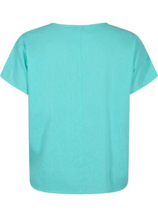 Kortærmet bluse i bomuldsmix med hør, Turquoise, Packshot image number 1