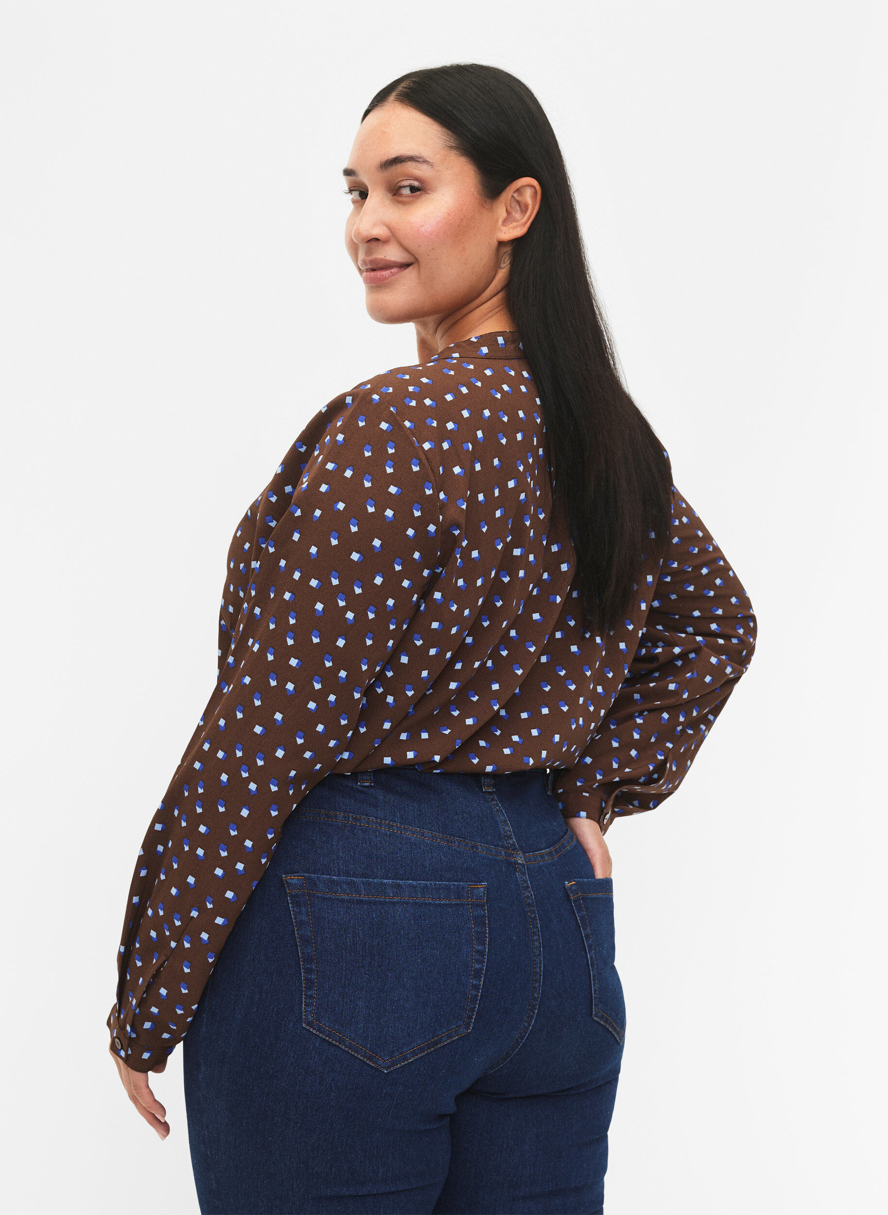 Zizzi FLASH - Lang&aelig;rmet bluse med print, Chicory Coffee AOP, Model image number 1