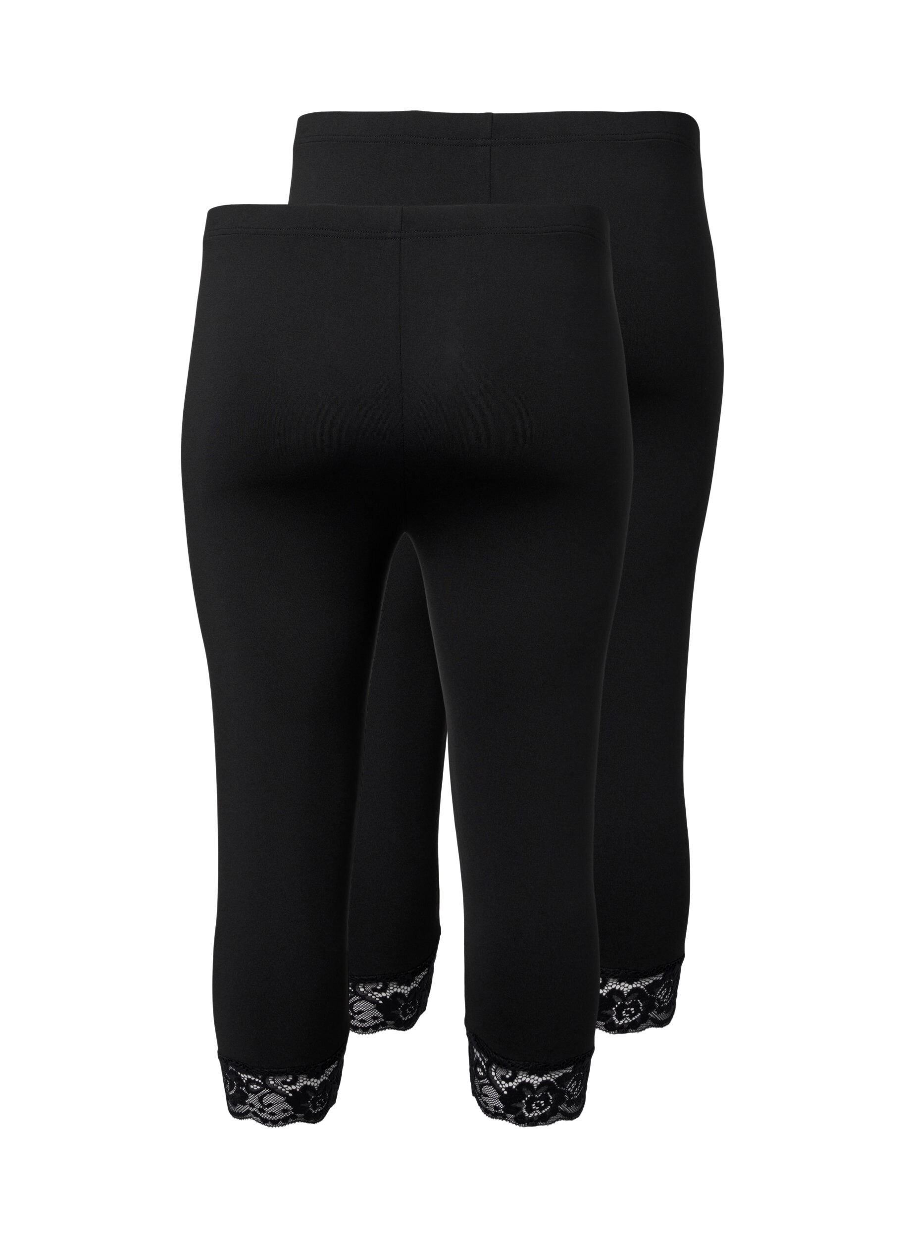 Zizzi 2-pak 3/4 leggings med blondekant, Black / Black, Packshot image number 1