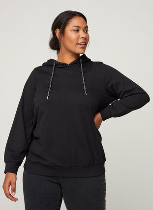 Bomulds sweatshirt med hætte, Black, Model image number 0