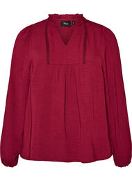 Bluse med V-udsk&aelig;ring og crochetb&aring;nd, R&oslash;d
