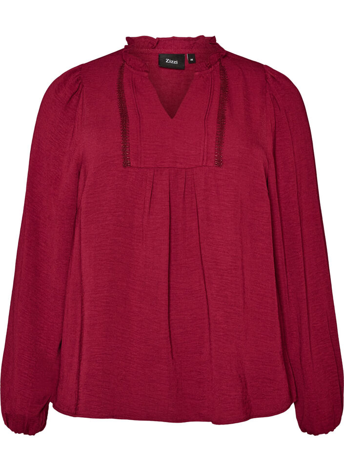 Bluse med V-udsk&aelig;ring og crochetb&aring;nd, R&oslash;d, Packshot image number 0