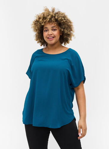 Bluse med korte ærmer og rund halsudskæring, Moroccan Blue, Model image number 0