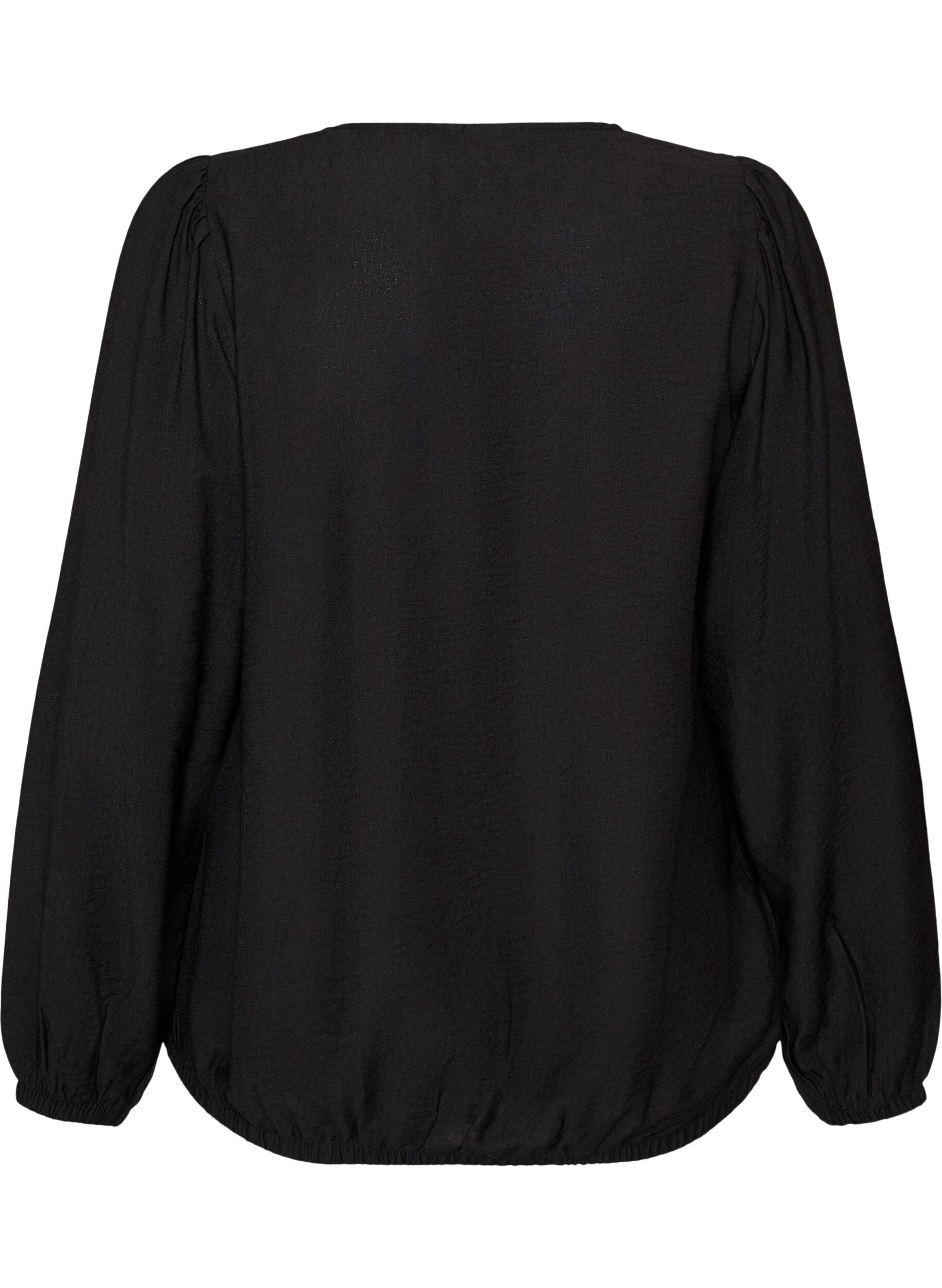 ZizziViskosebluse med V-hals og ballonpasform, Sort, Packshot image number 1
