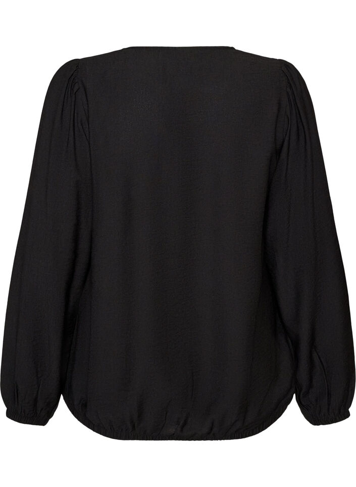 Viskosebluse med V-hals og ballonpasform, Sort, Packshot image number 1