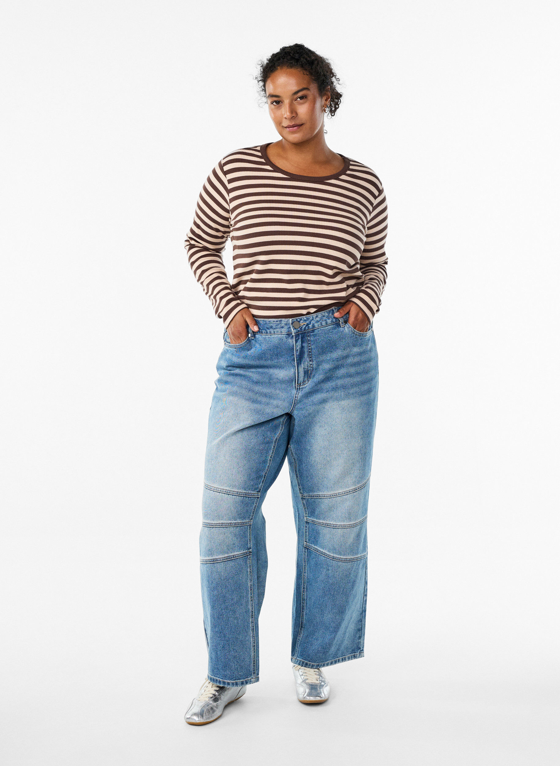 ZizziStribet bluse med lange &aelig;rmer, Brun, Model image number 1