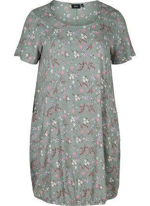 Kortærmet viskose kjole med print, Chinois Green Flower, Packshot image number 0
