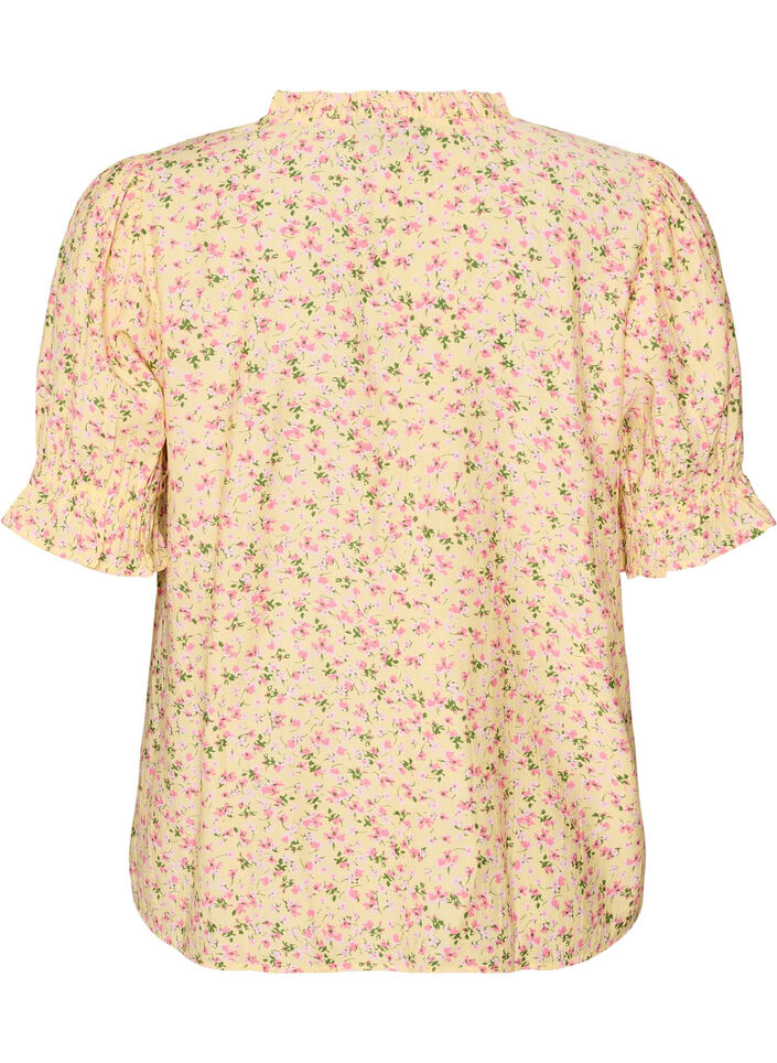 Blomstret bluse i viskose med korte &aelig;rmer og fl&aelig;sekrave, Gul, Packshot image number 1