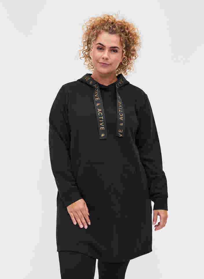Sweatkjole med hætte og lomme, Black, Model image number 0