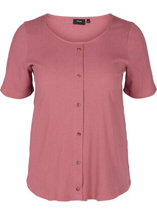 Kortærmet rib t-shirt med knapper, Deco Rose, Packshot image number 0