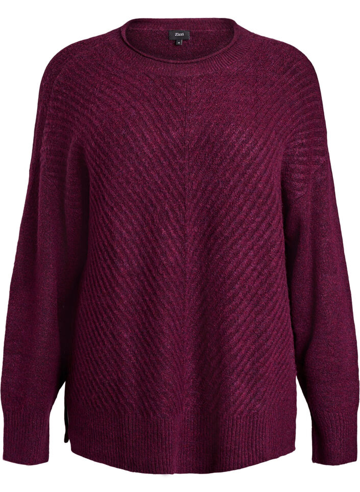 Strikbluse med V-formet ribm&oslash;nster og slidser, Lilla, Packshot image number 0