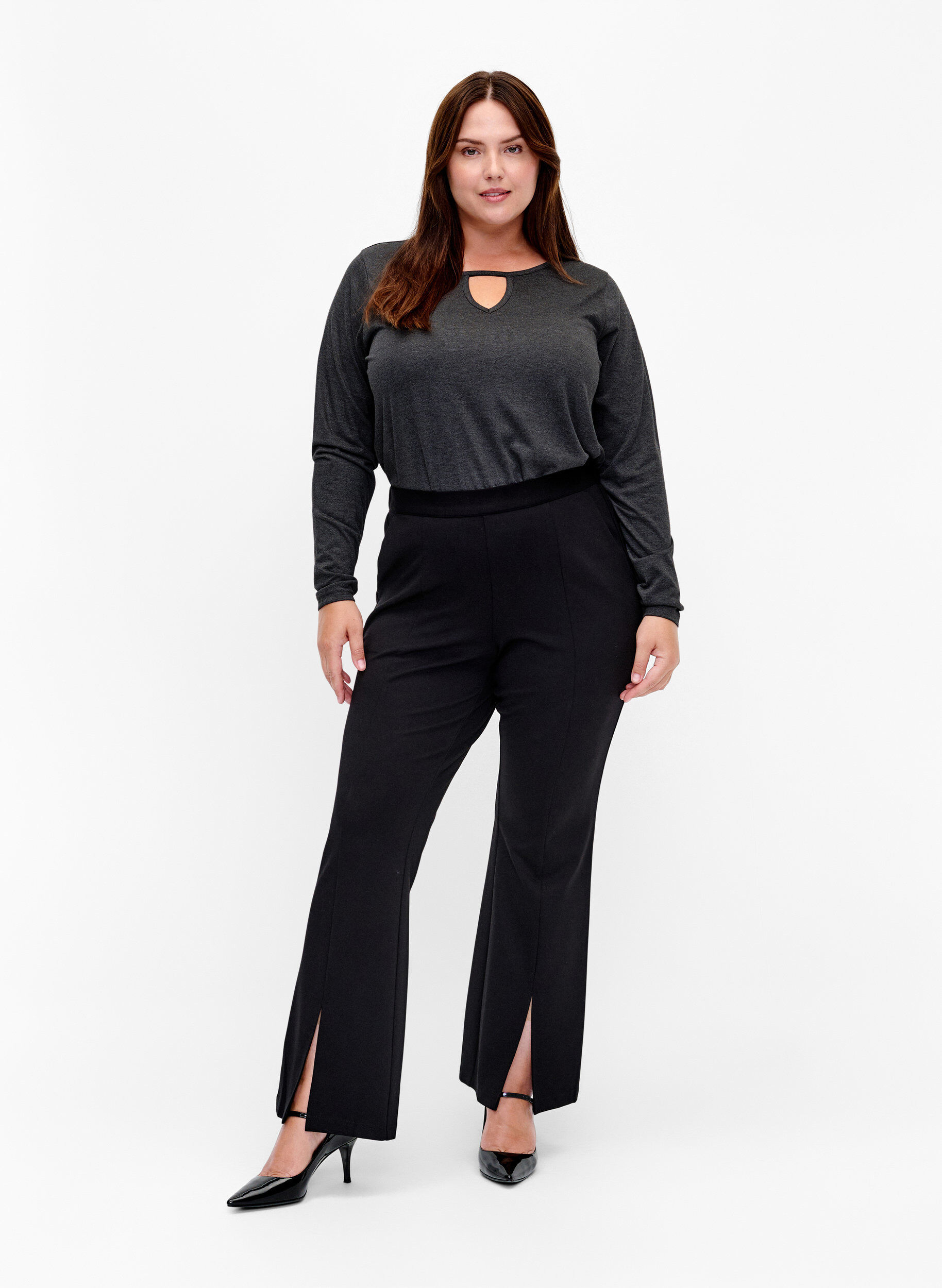 Zizzi Meleret bluse med lange &aelig;rmer, Black Mel. , Model image number 2