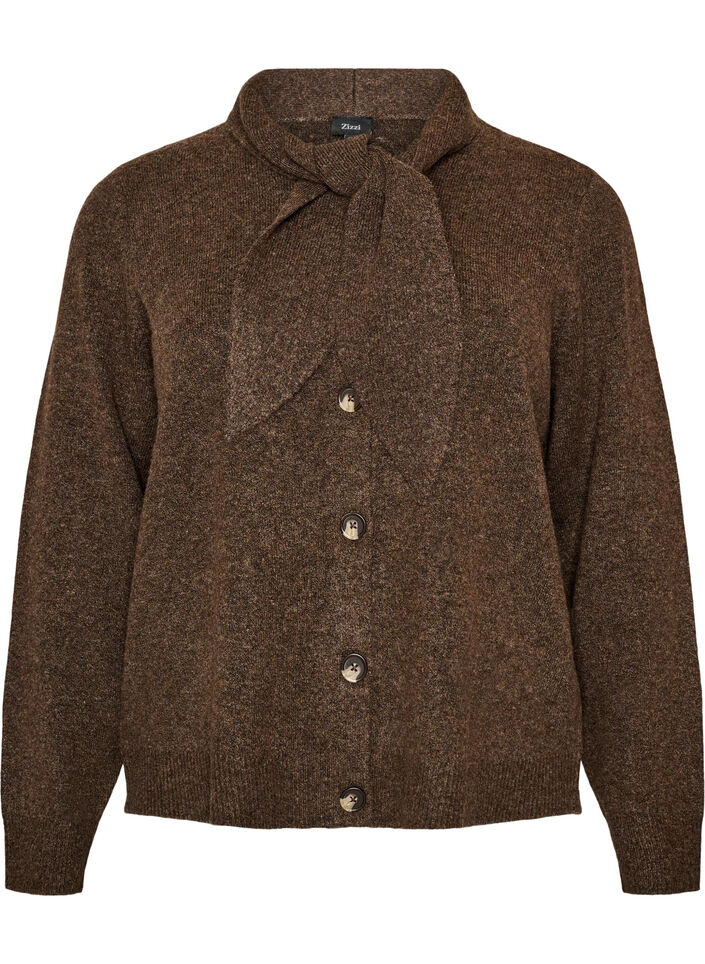 Cardigan med sl&oslash;jfeb&aring;nd og knapper, Brun, Packshot image number 0