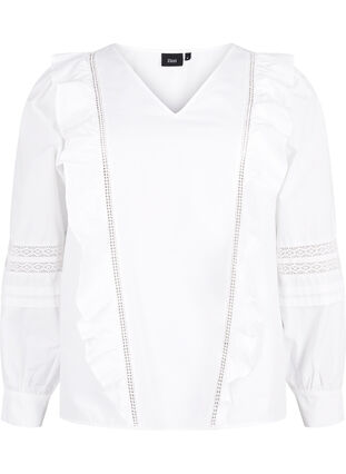 Bluse med flæser og blondebånd, Bright White, Packshot image number 0