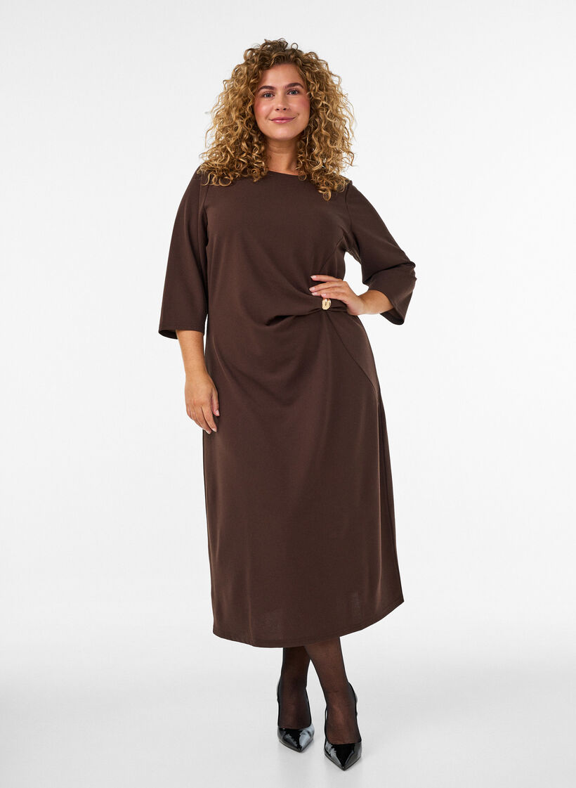 Jerseykjole med drapering og dekorativt sp&aelig;nde, Brun, Model image number 0
