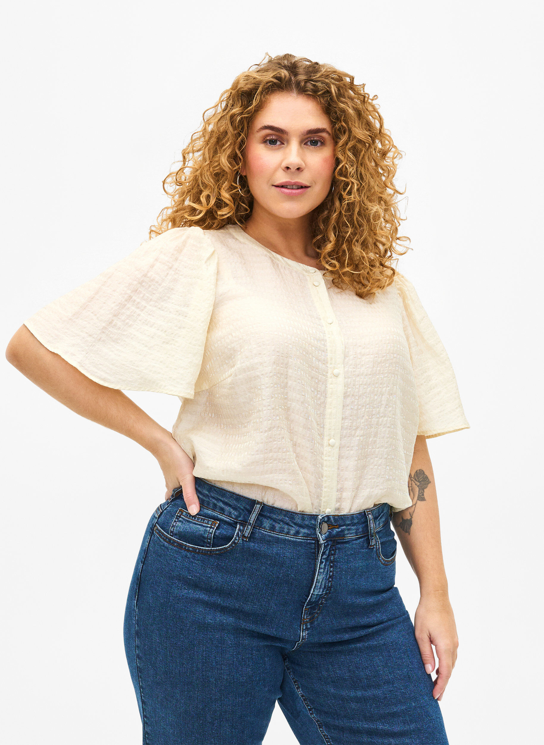 Zizzi Lyocell skjortebluse med tekstur, Antique White, Model image number 0