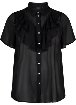 Kortærmet skjortebluse med flæser, Black, Packshot image number 0