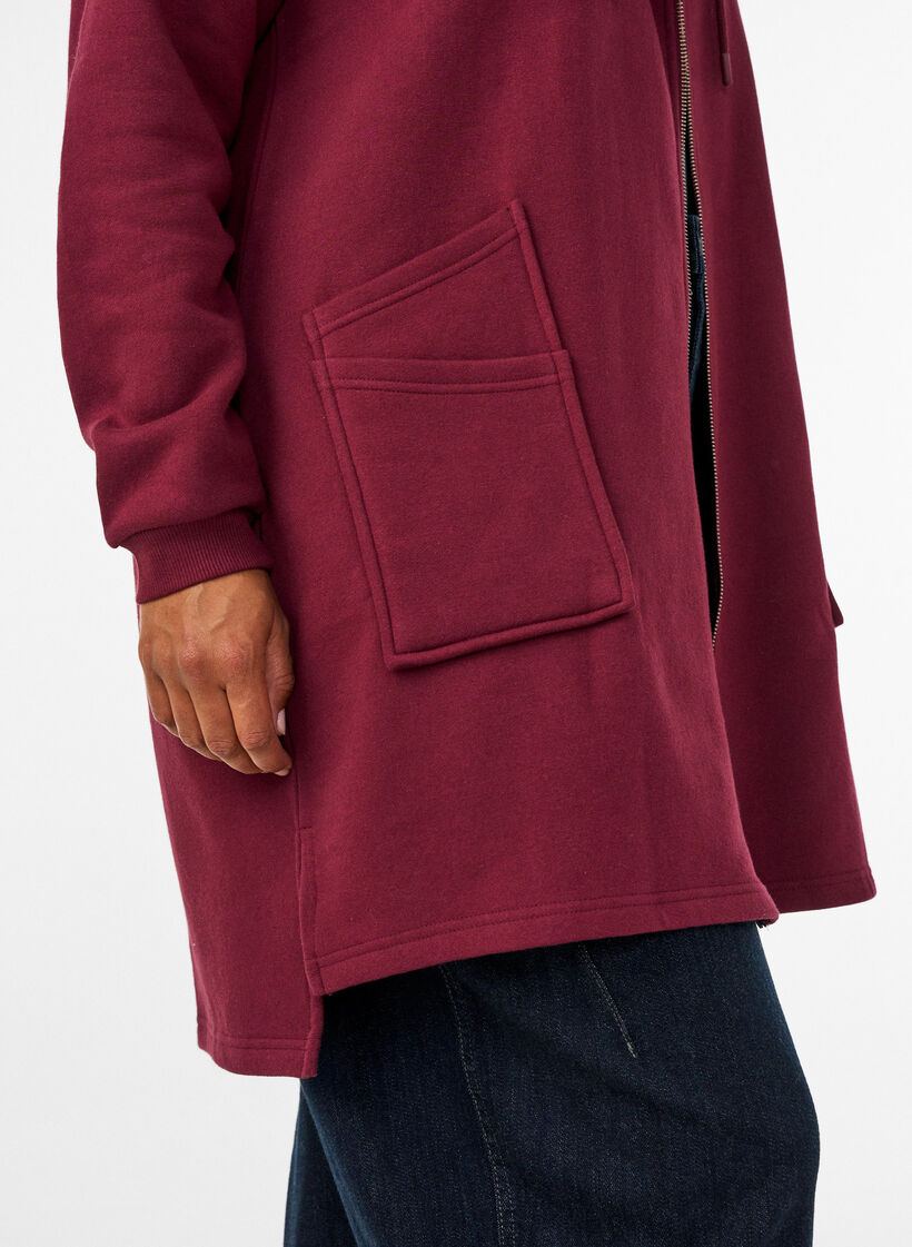 Lang hoodie-cardigan med lynl&aring;s, R&oslash;d, Model image number 3