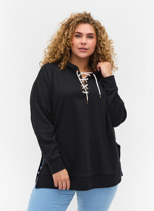 Sweatshirt med hætte og kontrastfarvet snøre, Black, Model image number 0