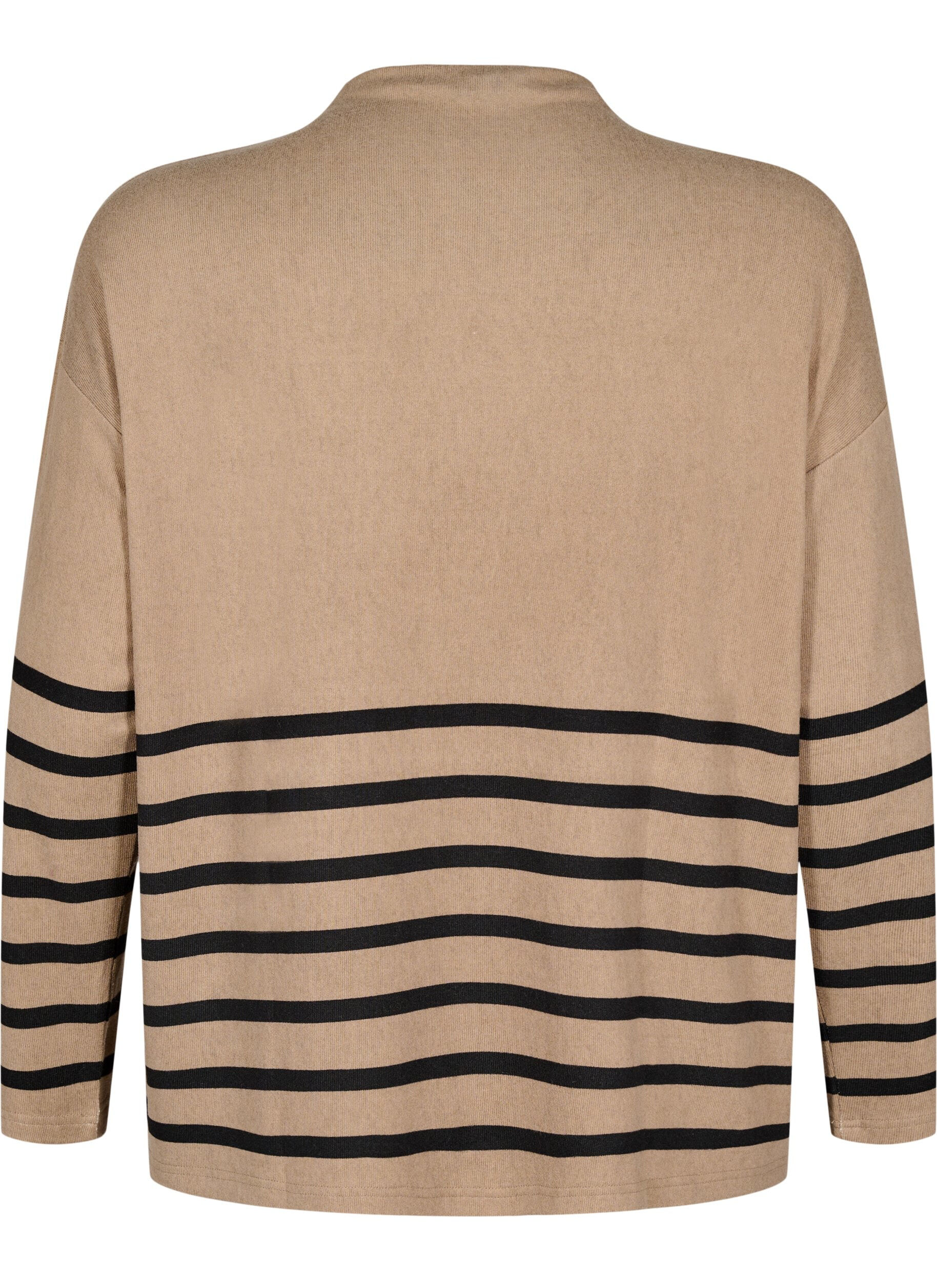 Zizzi Lang&aelig;rmet bluse med striber og h&oslash;j hals, Beige, Packshot image number 1