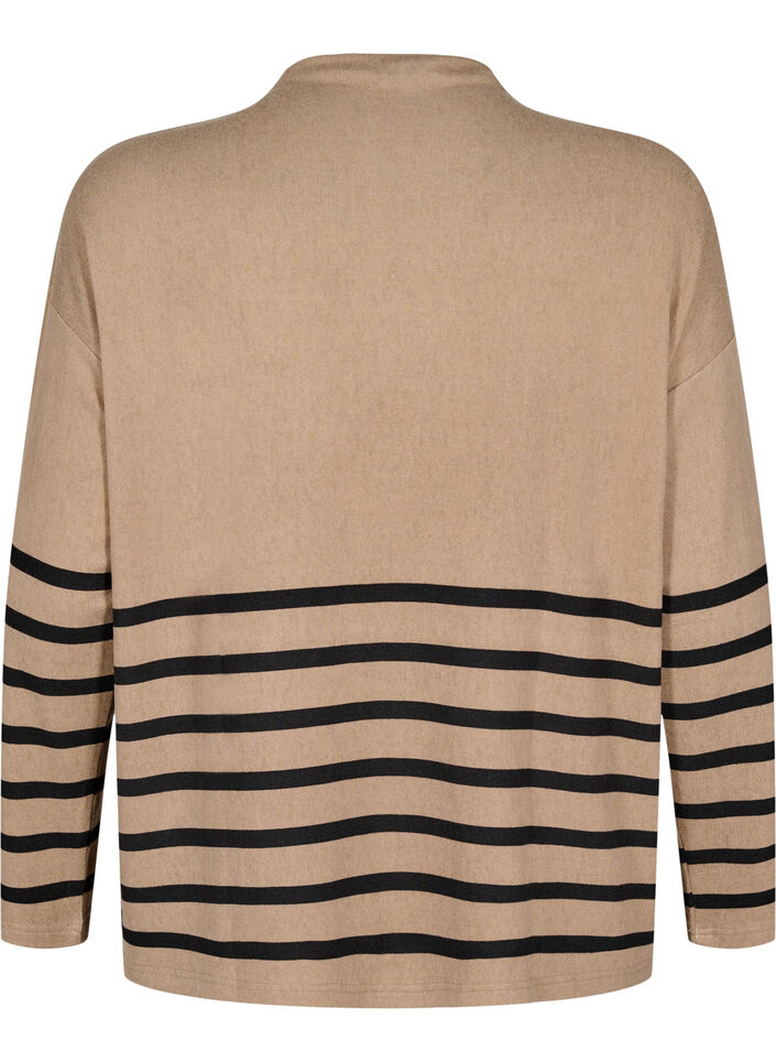 Langærmet bluse med striber og høj hals, Beige, Packshot image number 1