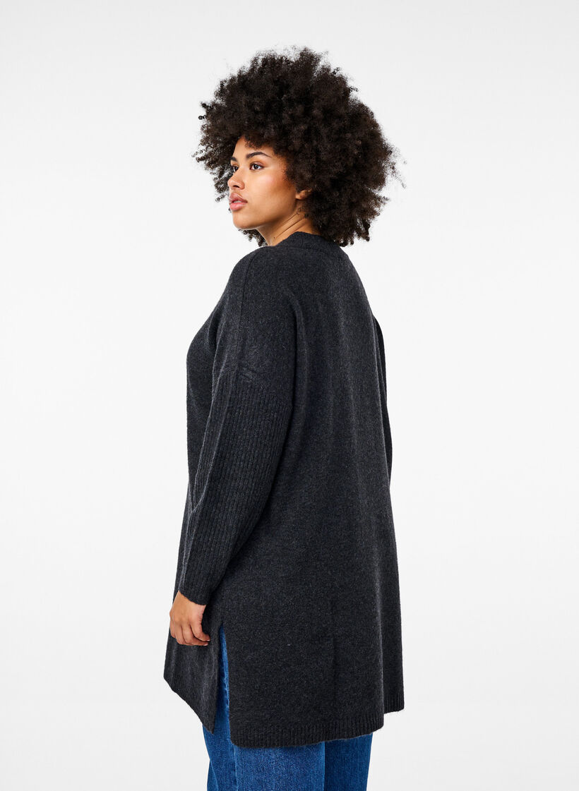 Lang strikbluse med lange ærmer, Dark Grey Melange, Model image number 1