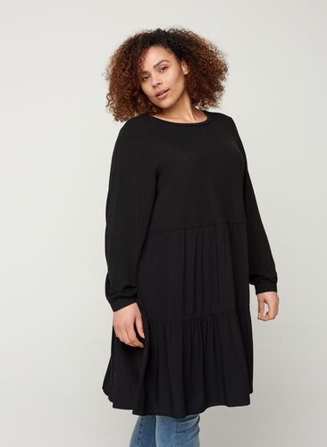 Langærmet kjole med a-form, Black, Model image number 0