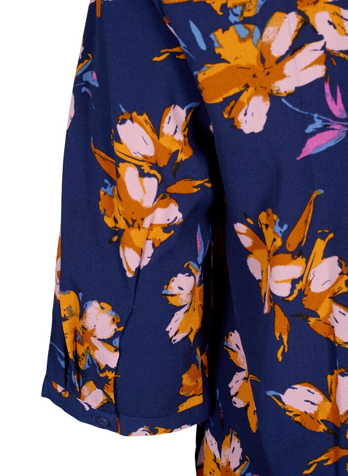 Blomstret bluse med 3/4 ærmer, Peacoat Flower AOP, Packshot image number 3