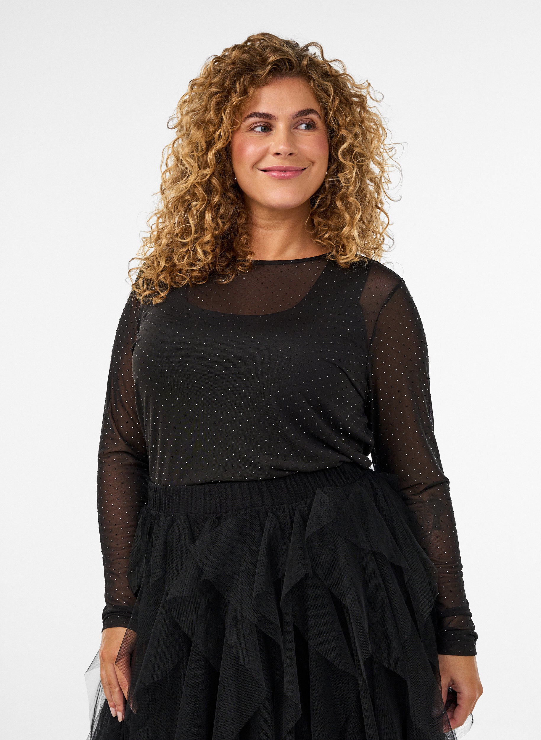 ZizziTransparent meshbluse med rhinsten, Sort, Model image number 0