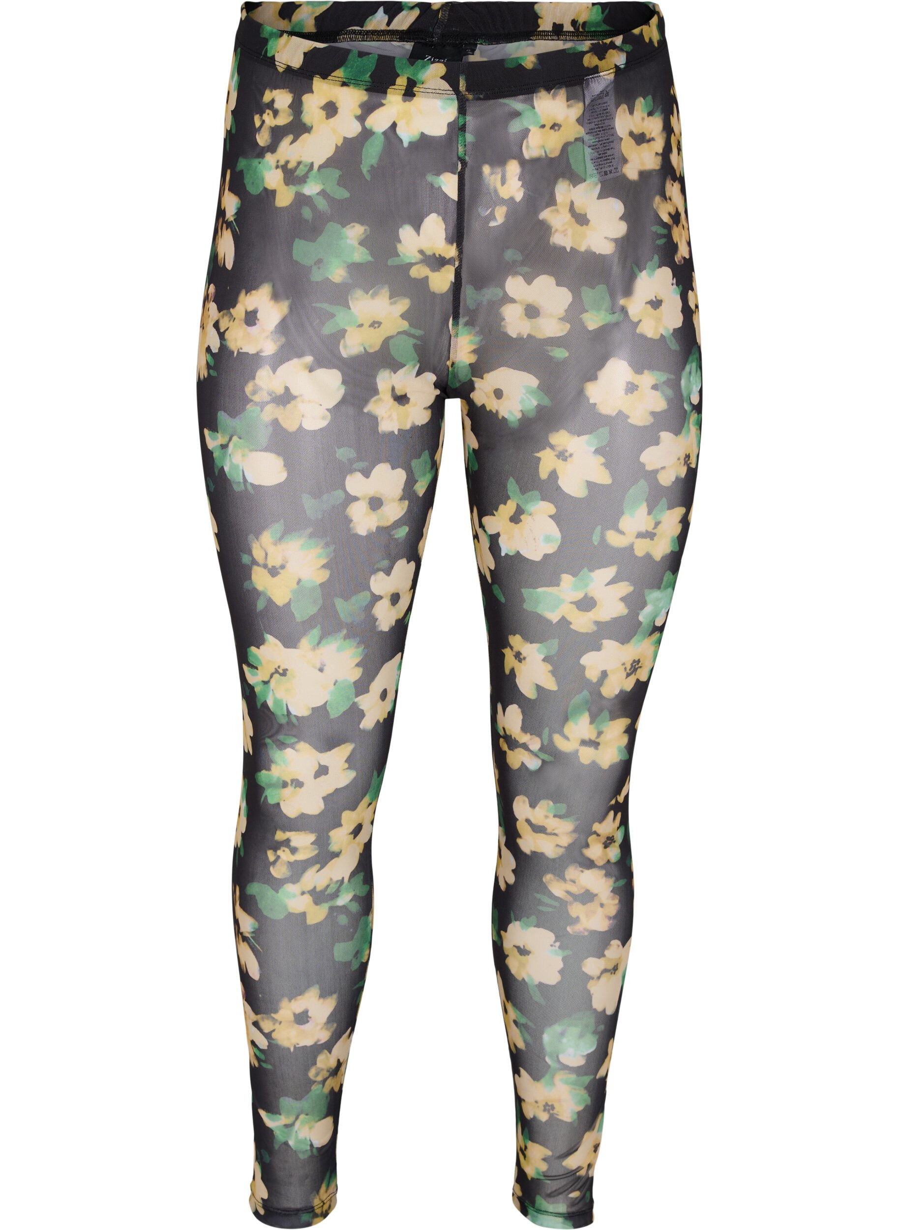 Zizzi Mesh leggings med blomsterprint, Yellow Green AOP, Packshot image number 0