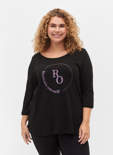 Bomulds t-shirt med 3/4 ærmer, Black RO, Model image number 0